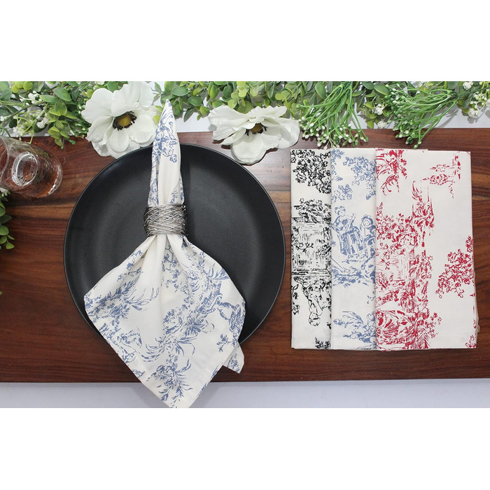 COTTON CRAFT Fabric Napkins, 12 Pieces, 100% Cotton, Reusable, French Toile Dinner, Everyday Use, Spring, Summer, Autumn, Christmas, Vacation, Party, Gift, Soft, Absorbent, 45.7 x