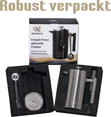 Набір для приготування кави френч-прес, 1 літр, з молочний спінювач, з нержавіючої сталі, термоізольований