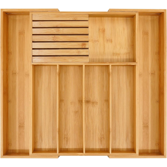 VaeFae Bamboo Cutlery Box for Drawers, Expandable Drawer Organizer Kitchen, Cutlery Insert for Drawers with Knife Block, Adjustable Wooden Cutlery Box