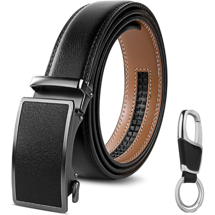 Чоловічий шкіряний ремінь Flintronic з автоматичною пряжкою (ратинг), ширина 3.5 см, довжина 130 см, з лінійкою та брелоком (у подарунковій коробці), чорний