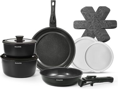 Набір каструль з керамічним покриттям 14 предметів, антипригарне покриття, індукційне дно, 24/28 см сковороди, для всіх типів плит, сумісний з духовкою