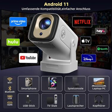 Beautiebeam Beamer: Міні проєктор Full HD 1080P/4K з автотрапецеїдною корекцією, Android 11, Bluetooth 5.0, WiFi 2.4/5G, 180° обертання для дому та на вулицю