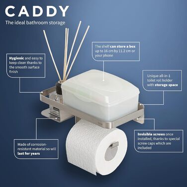 Тримач для туалетного паперу Tiger Caddy з полицею для смартфона та вологих серветок, настінний, матова нержавіюча сталь, 24 x 10 x 11,6 см