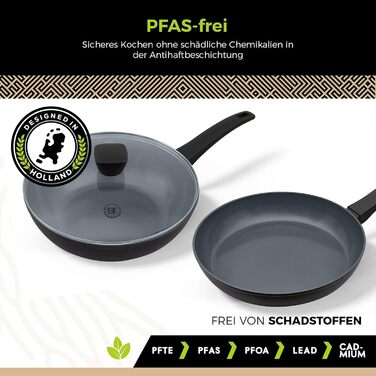 Набір сковорідок Be Living Delight 4 шт. (20/24/28 см + Вок 28 см з кришкою), антипригарне покриття з кераміки, для індукційних плит, без PTFE та PFOA, чорний