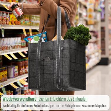 VENO 34 Liter Large Shopping Bag Foldable with Sturdy Bottom and Front Pocket, Reusable Shopping Bags Water-Resistant Shopping Basket for Shopping Picnic (Black Windowpane, 4-Pack)