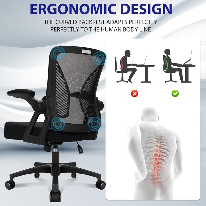 Офісний стіл з регульованими підлокітниками, ергономічний крісло з сітчастою спинкою, підтримкою попереку, регульованою висотою, м'яким сидінням, поворотним на 360°, чорний