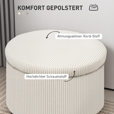 HOMCOM Storage Ottoman with Lid, Round Upholstered Footstool with Corduroy Look for Living Room, Bedroom 60 x 60 x 41 cm Beige | Aosom