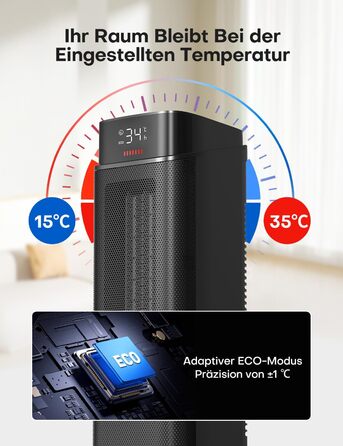 Електричний обігрівач QEXREED 2000W з PTC-нагрівачем, 4 режими, ECO-режим, осциляція 90°, таймер 24г, пульт ДУ, тихий та потужний, захист від перегріву та перекидання