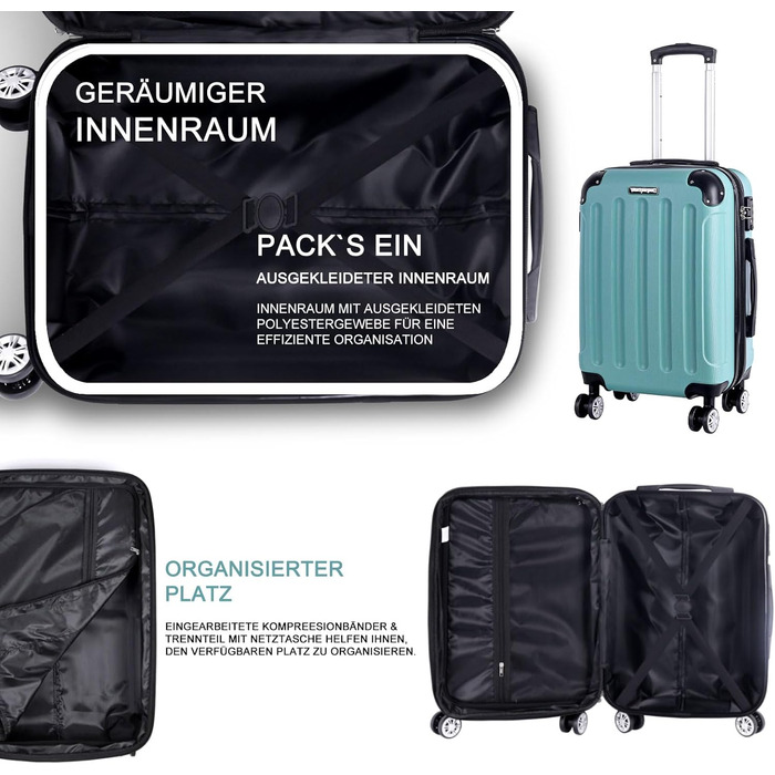 Набір валіз 3er - міцні валізи з ABS-корпусом, TSA-замок, розширюваний об'єм - M, L, XL, захист кутів, колеса на 360°, телескопічна ручка, підходить для ручної поклажі & штабелювання Green