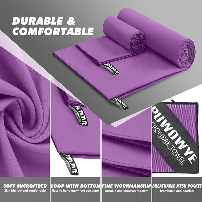 Набір рушників з мікрофібри PUWOWYE (2 шт.): великий (160x80 см) + маленький (80x40 см), швидковисихаючі, для спорту, відпочинку, подорожей