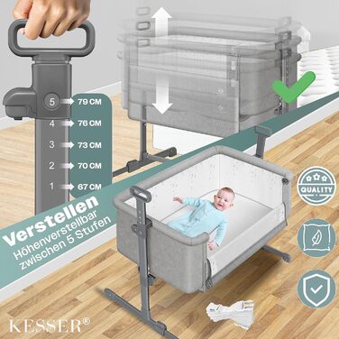 KESSER® Hubi 3in1 Bedside Bed, Travel Bed, Baby Bed with Soft Mattress, Mobile Bed, 5-Level Height Adjustment, Foldable Side Rail for Home and On the Go, Light Grey