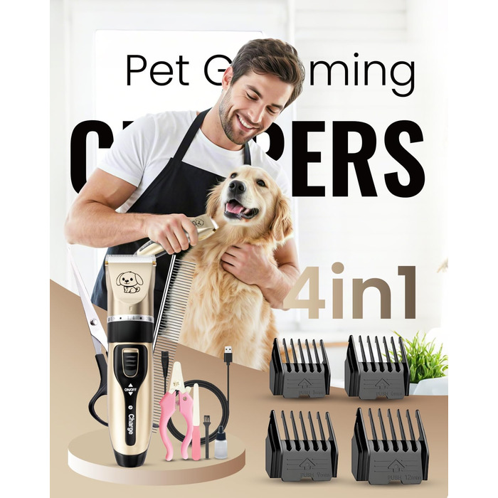 Машинка для стрижки собак, набір для грумінгу: 4 насадки, ножиці, гребінець, щітка