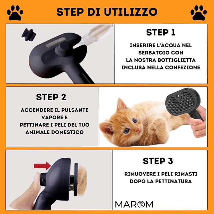 Парова щітка для котів та собак MAROM, самоочисна, для короткої та довгої шерсті, чорна