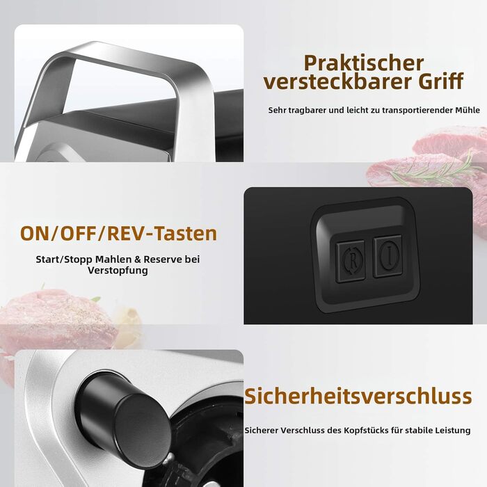 М'ясорубка електрична CHEFFANO 2000W з насадками для ковбас та кубебе, нержавіюча сталь, чорна