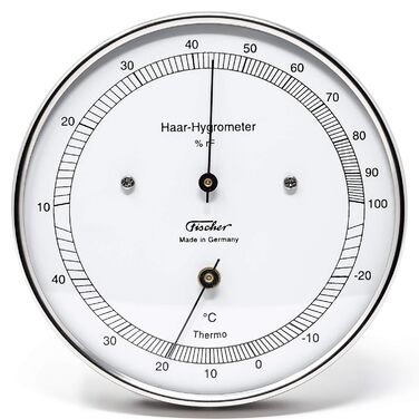 Fischer 111.01T - Hair Hygrometer & Thermometer - 103mm Outdoor Humidity Meter Made in Germany – Stainless Steel Silver