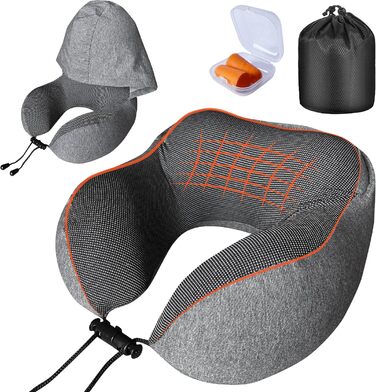 Подушка для шиї у подорожах з капюшоном та навушниками, віскоеластична подушка для шиї