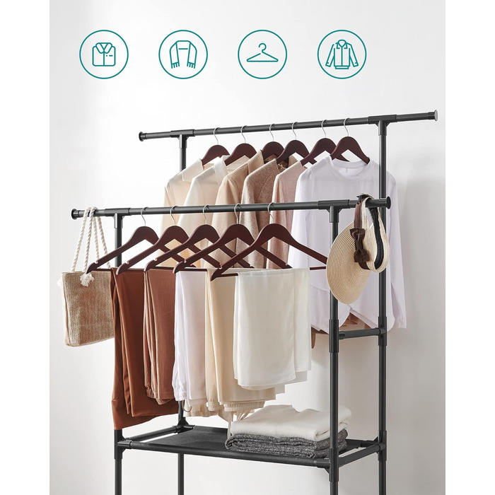SONGMICS Стійка для одягу металева, з 2 перекладинами та 2 полицями, біла, до 70 кг, RDR02WT (Чорний)