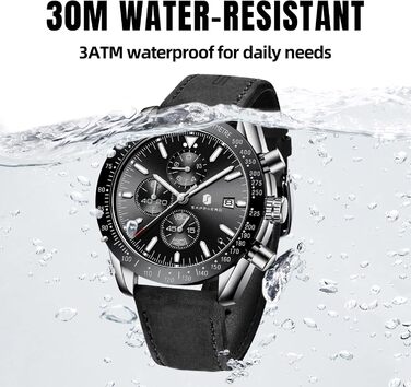 Годинник чоловічий BENYAR Quarz Chronograph з датою, водонепроникний, чорний ремінець/чорне циферблат/сріблясте корпус, для повсякденного та ділового стилю