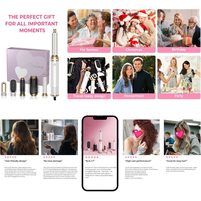 Atopskins Pro Air Styler 6 в 1: Фен-щітка, плойка, стайлер для волосся, сушка, укладка, для всіх типів волосся