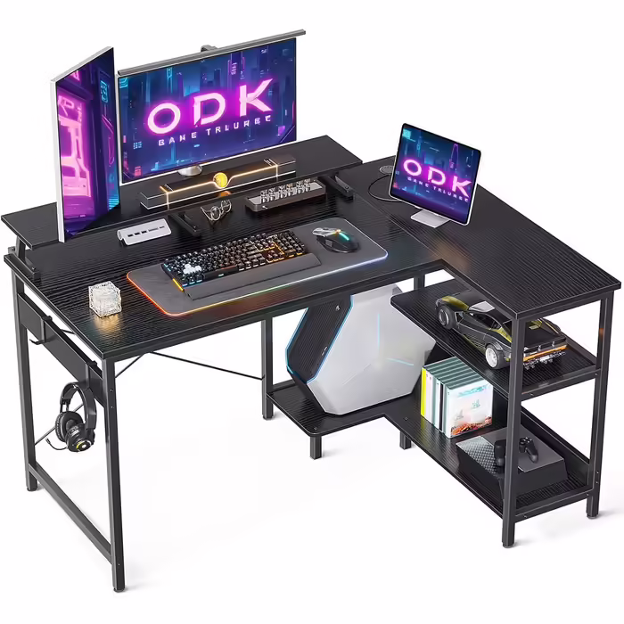 ODK L-Shaped Desk, Desk with Shelf Reversible, Gaming Desk L Shape Desk with Monitor Stand, Computer Desk PC Desk Office Desk for Home Office (Brown, 120x80x88cm)