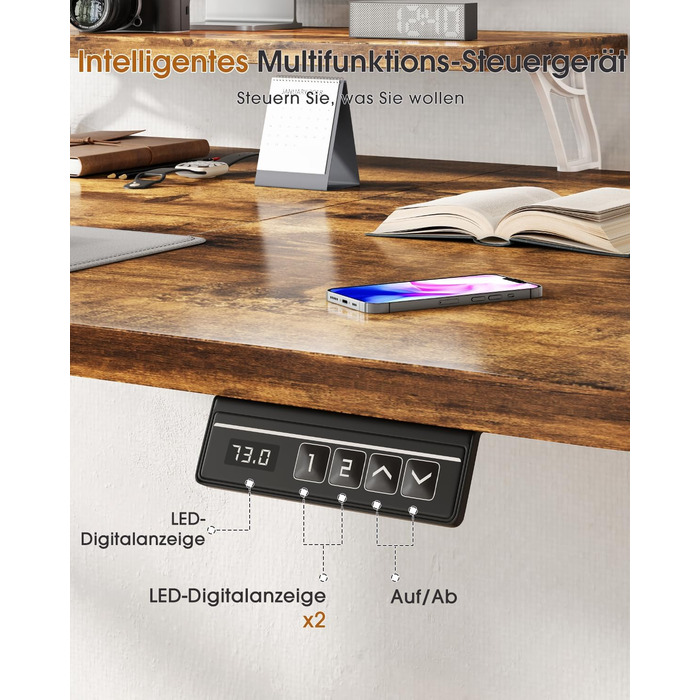 Adjustable Height Standing Desk with Monitor Stand - Electric Ergonomic Desk, 120x60cm & 180x80cm White/Vintage Brown