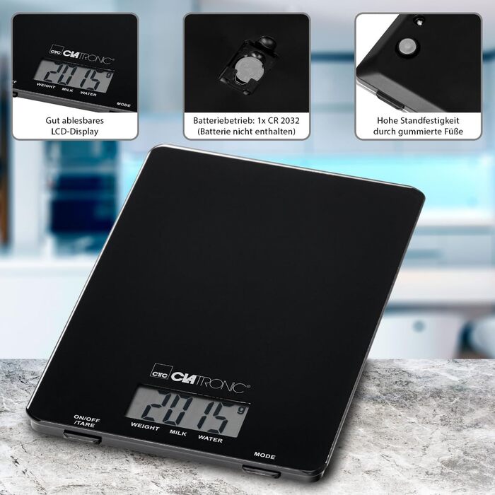 Кухонні ваги Clatronic KW 3626: скло, до 5000 г, тара, LCD-дисплей