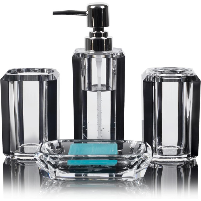 Набір аксесуарів для ванної кімнати з акрилу преміум-класу (4 шт.): диспенсер для миючого засобу, дозатор для лосьйону, мильниця, стакан для ополіскувача, стакан для зубної пасти (чорний, матовий)