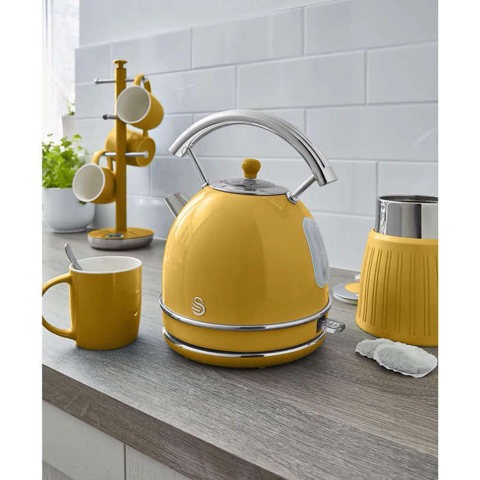 Swan Retro Electric Kettle - 1.8L, Vintage Design, Automatic Shut-Off, Cordless, BPA-Free Stainless Steel, 3000W (Yellow)