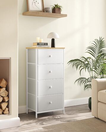 SONGMICS Chest of Drawers, Storage Cabinet with 4 Fabric Drawers, Metal Frame, Tall and Narrow, White-Oak Finish LTS314W57
