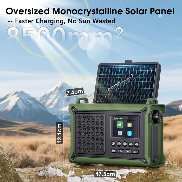 Радіоприймач Kurbelradio з DAB/DAB+/UKW, акумулятор 12000mAh, сонячна панель 8500mm², ручний генератор, Bluetooth 5.0, ліхтарик та світло для читання, для відпочинку на природі, кемпінгу, зелений