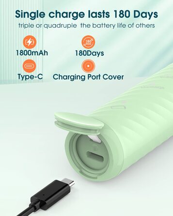 Електрична зубна щітка для дорослих з 6 насадками, акумуляторна звукова, 180 днів роботи, світло-зелена