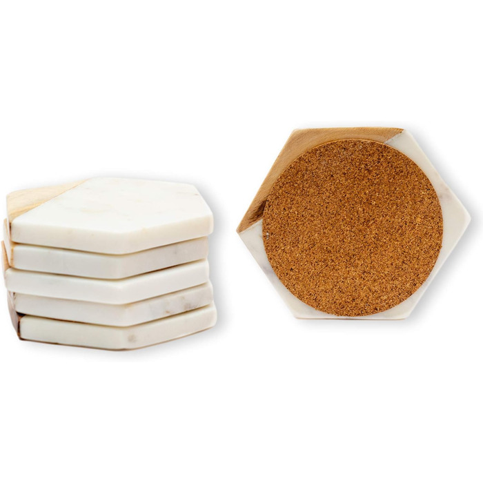 GoCraft Coasters made of marble and mango wood, handcrafted, geometric, white. Marble coasters for drinks, wine glasses, beverages, cocktails, and bar glassware. Elegant home decor (Set of 6)