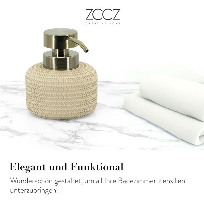 ZCCZ Bathroom Set – 4-Piece Organizer Set with Toothbrush Holder, Soap Dispenser, Cosmetic Bowl, and Cotton Swabs – Elegant Stone-Look Decor, for Modern Bathrooms (Beige 4pcs)