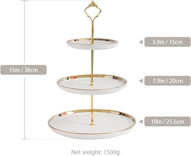 Керамічний підставка для тістечок з 3 ярусами, золоті акценти, для фруктів, десертів та декору столу (біла)