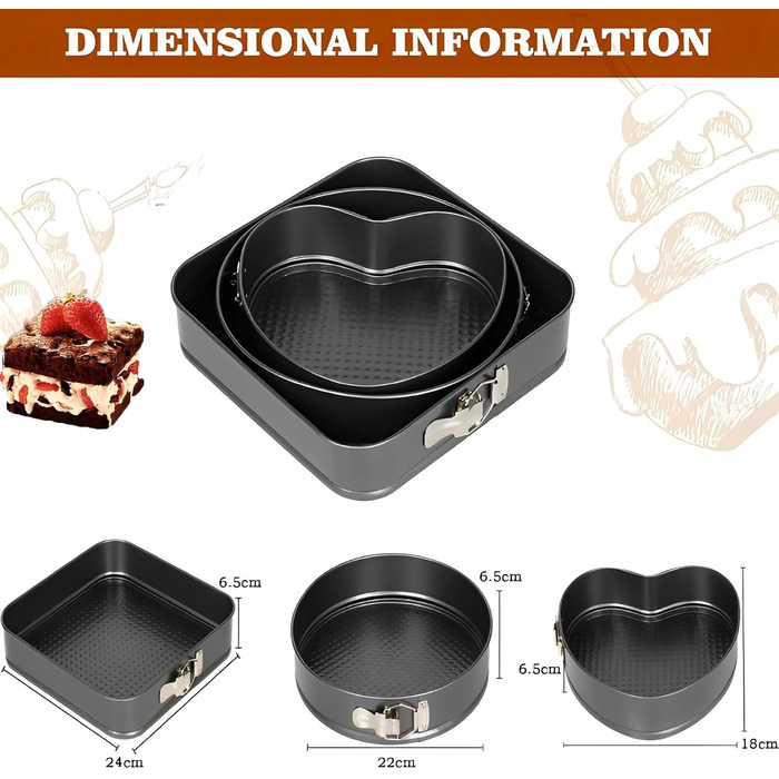 Набір форм для випічки: квадратні, круглі, серцеподібні, 20/22/24 см, знімний дно, антипригарне покриття
