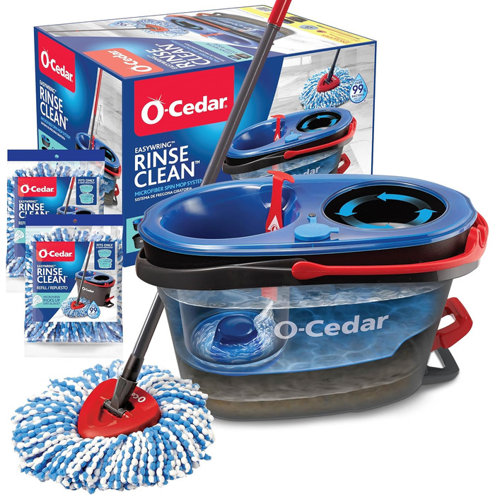 O-Cedar EasyWring Microfiber Spin Mop Refills, Floor Cleaning System with 2 Extra, Plastic, Rinseclean Spin Mop & Bucket + 2 Extra Refill Packs, RC