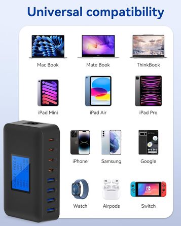 Зарядний пристрій USB C 200W, 8 портів, PD 65W з LCD дисплеєм для MacBook, iPad, iPhone 16/15/14/13 Pro/Max, Samsung S24/S23 – Чорний