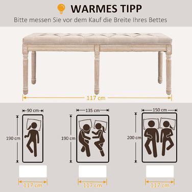 HOMCOM Upholstered Bench Vintage 117x40x48cm Ottoman Bench Bed Bench Bedroom Bench with Buttons Linen Look up to 120kg Beige