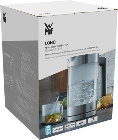 WMF Lono Glass Kettle 1.7 Liter, Glass Kettle with Scale Filter, Cordless, 3000 Watts, Matte Stainless Steel