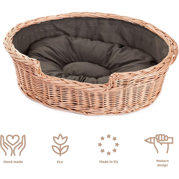 Wicker Dog Basket for Dog and Cat, Dog Bed, Cat Bed with Cushion, Pet Basket, Woven Cat Basket, 60x43 x H19 cm