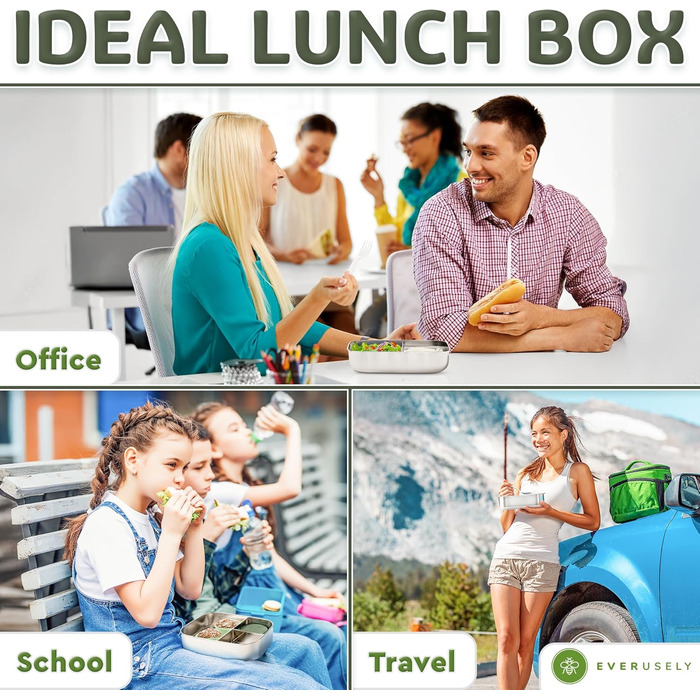 Everusely Ланчбокс Bento Box 0,8 л з нержавіючої сталі з контейнером для спецій та органайзером для перекусів (3 відділення)