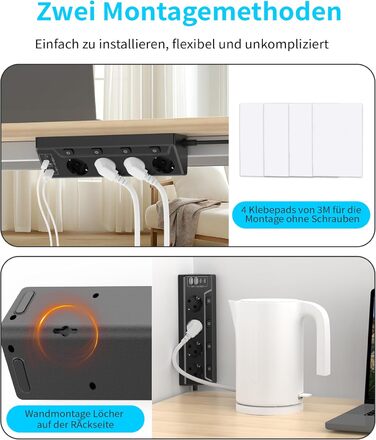 Мережевий адаптер з захистом від перенапруги Eck з USB-C, 6 розеток, 2м кабель (4000W, 16A), розподільний блок для кухні, офісу (4 розетки, чорний)