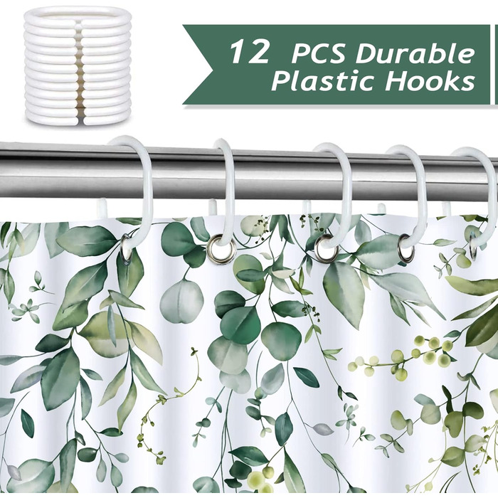 Шторка для душу Bonhause з зеленими листями, рослинний принт, 180 x 180 см, антигрибкова, водовідштовхувальна, поліестер, для ванної кімнати, з 12 гачками