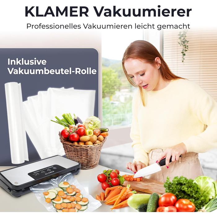 KLAMER Classic Pro 80 (2024) - Вакуумний пакувальник для продуктів харчування, Sous Vide, комплект з пакетами та шлангом