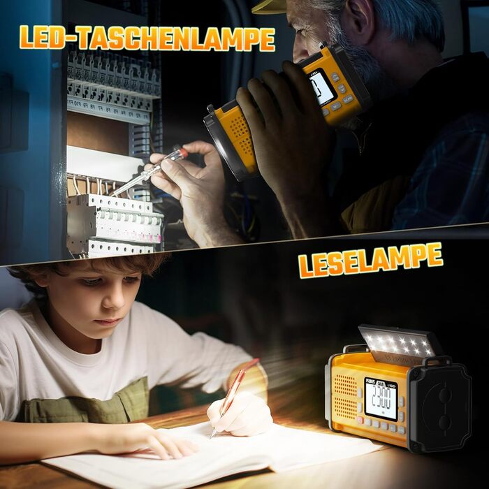 Радіоприймач PRUNUS J-924D: DAB+/UKW, радіо з ручкою, акумулятор 10000mAh, Bluetooth, ліхтарик, SOS, зарядка для телефону (зелений/жовтий)