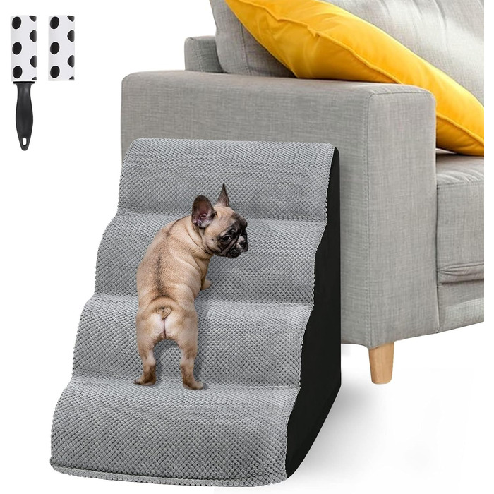 LIANTRAL Dog Stairs, 3 Steps Dog Stairs for Bed and Sofa made of High-Density Sponge, Cat Stairs Dog Ramp with Removable, Washable Cover and Pet Hair Remover Roller, 40 cm High (4 Steps Grey & Black)