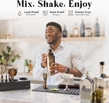 Набір для приготування коктейлів Mixology Barkeeper - 14 предметів: шейкер для Мартіні, професійний барний інвентар, стійка з бамбука, рецепти, подарунковий набір (латунь, 700 мл)