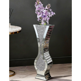 Ваза для квітів велика 68 см, підлогова ваза: срібна ваза з кристалами для пампас трави, скляна ваза з дзеркальним покриттям, декоративна ваза з блискітками для вітальні, декор інтер'єру – не для води (21.5L x 13B x 68.5H cm)