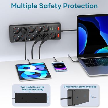 Многорозетка з USB, 11 розеток, з вимикачем, 2 USB-A та 2 USB-C порти, 4000W, 16A, 2M кабель, для дому, школи, офісу - Чорний