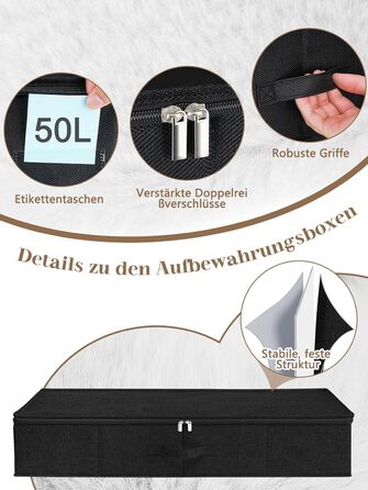 Коробки для зберігання під ліжко MePure, 2 шт. – 50л, складані, з кришкою та блискавкою, сірі. Підходять для одягу, ковдр, постільної білизни, подушок. Розмір 76×38×17 см